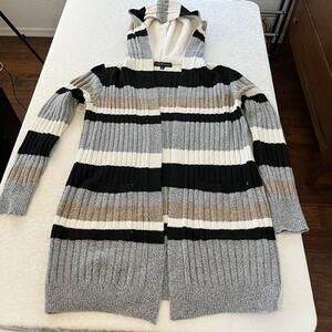 Almost Famous Womens Cardigan Sweater Size S Striped Long Sherpa Hood Pockets